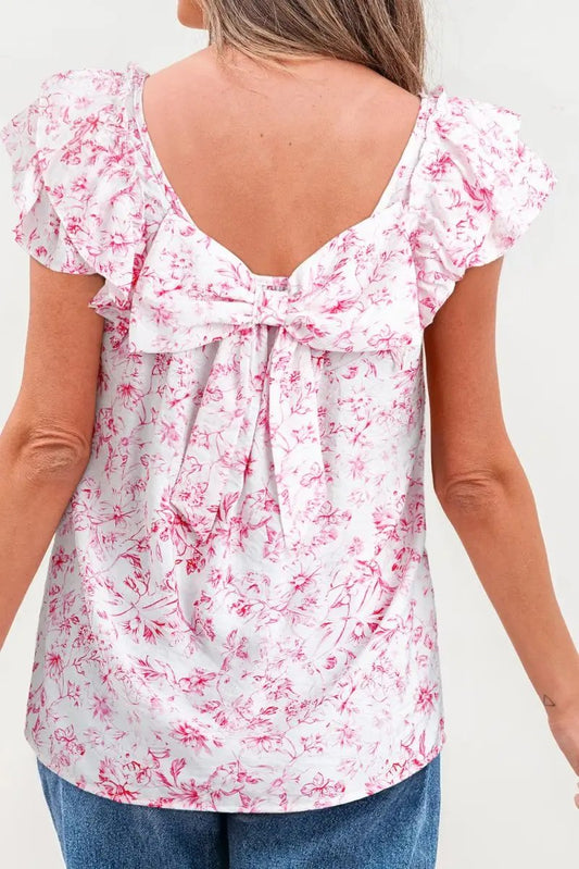 Love Salve Pink Floral Blouse Daily/Vacation Women's Top Ruffle Sleeve Bow Back