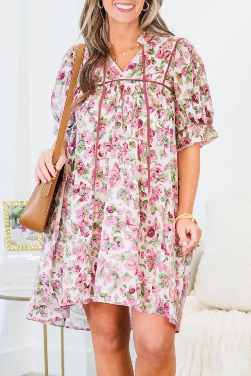 Love Salve Pink Floral Mini Dress Women's Daily Summer Southern Belle Style, Plus Size Fit