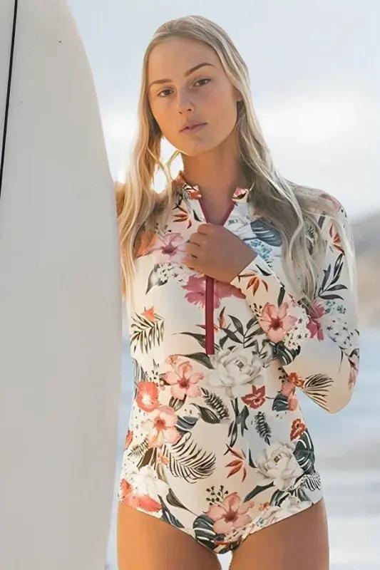 Rash Guard Swim Shirt - UPF50+ Sun Protection - Pink Floral Long Sleeve