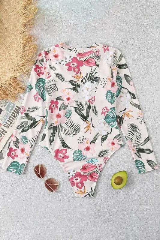 Rash Guard Swim Shirt - UPF50+ Sun Protection - Pink Floral Long Sleeve