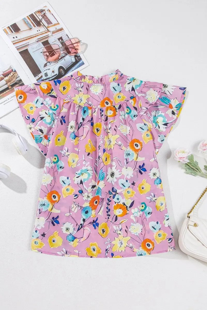 Women's Pink Floral Blouse - Flutter Sleeves - Southern Belle Style