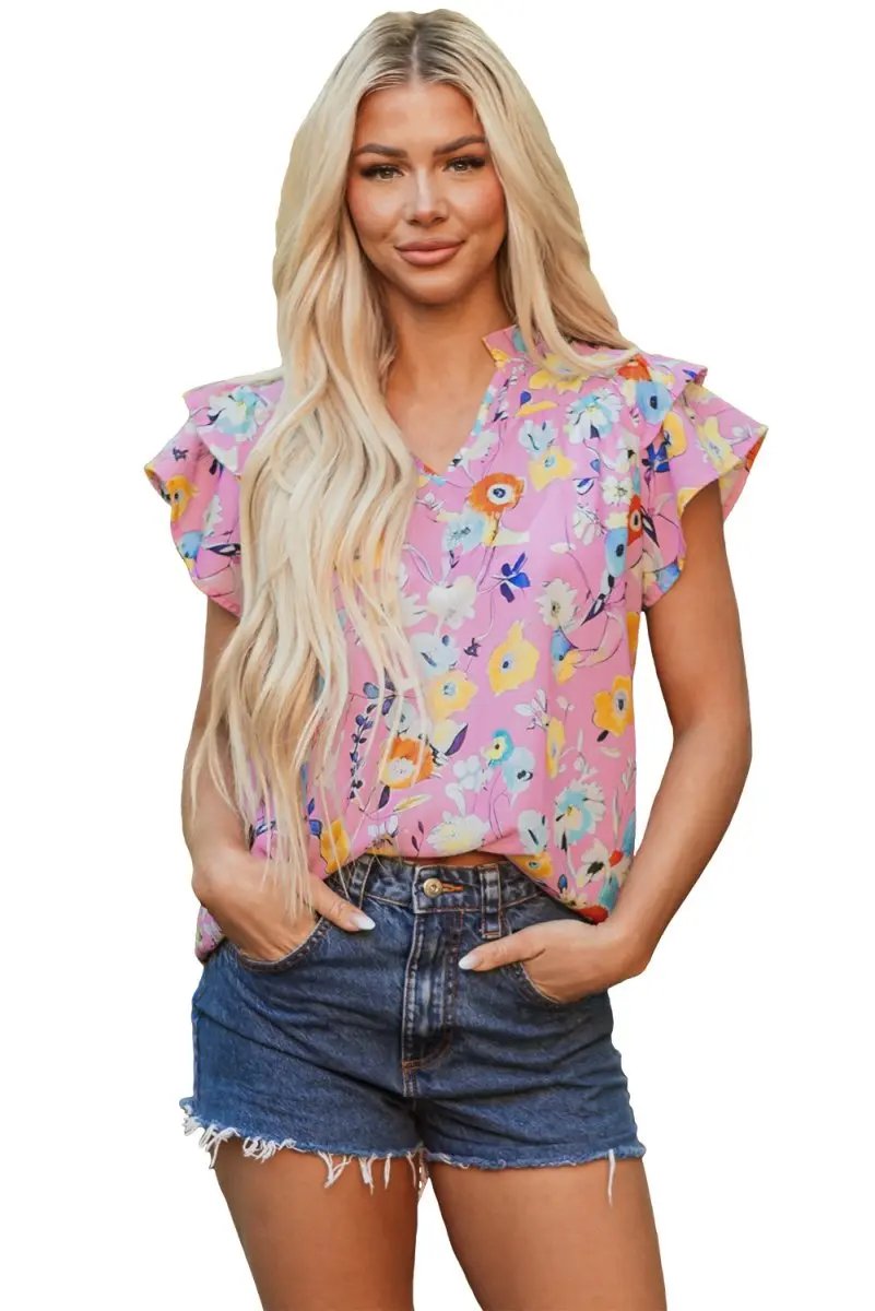 Women's Pink Floral Blouse - Flutter Sleeves - Southern Belle Style