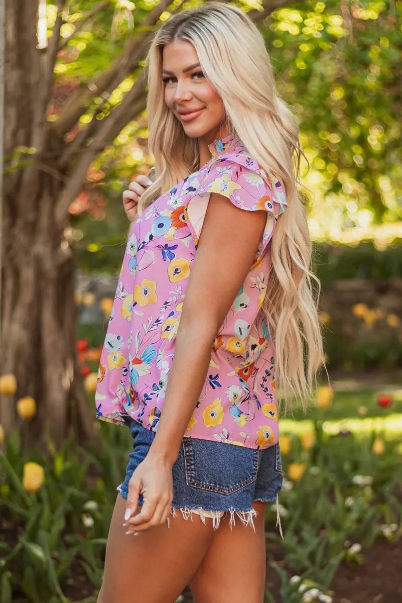 Women's Pink Floral Blouse - Flutter Sleeves - Southern Belle Style