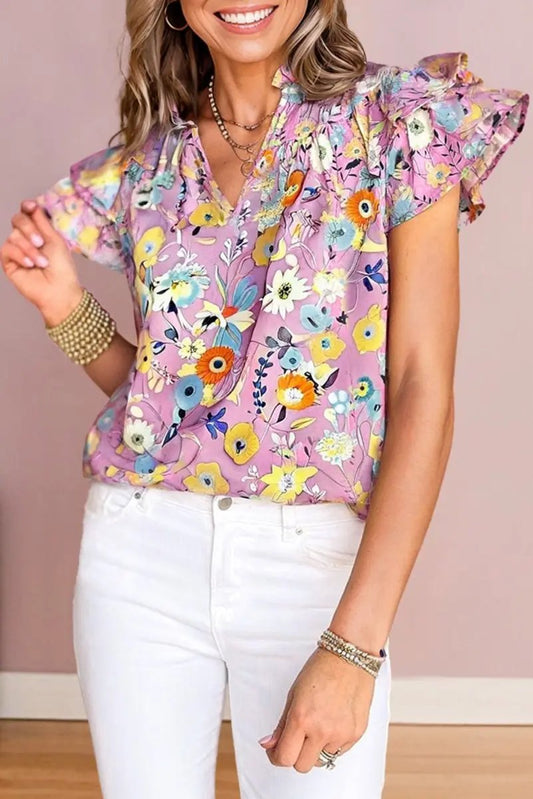 Women's Pink Floral Blouse - Flutter Sleeves - Southern Belle Style