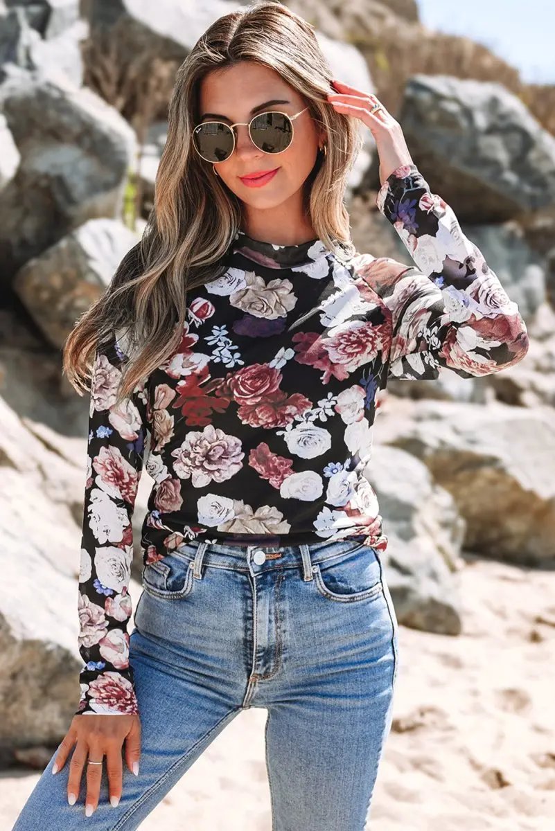Love Salve Pink Floral Mesh Top Women's Spring Fashion Long Sleeve Sheer Tee