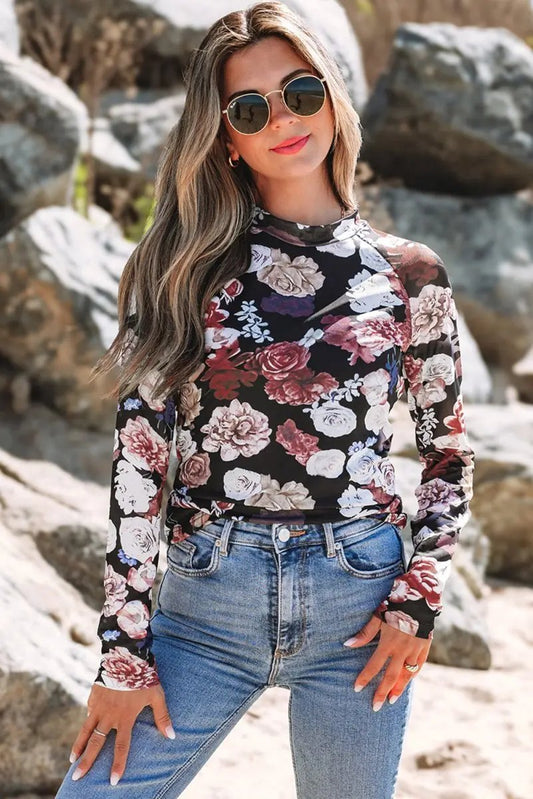 Love Salve Pink Floral Mesh Top Women's Spring Fashion Long Sleeve Sheer Tee