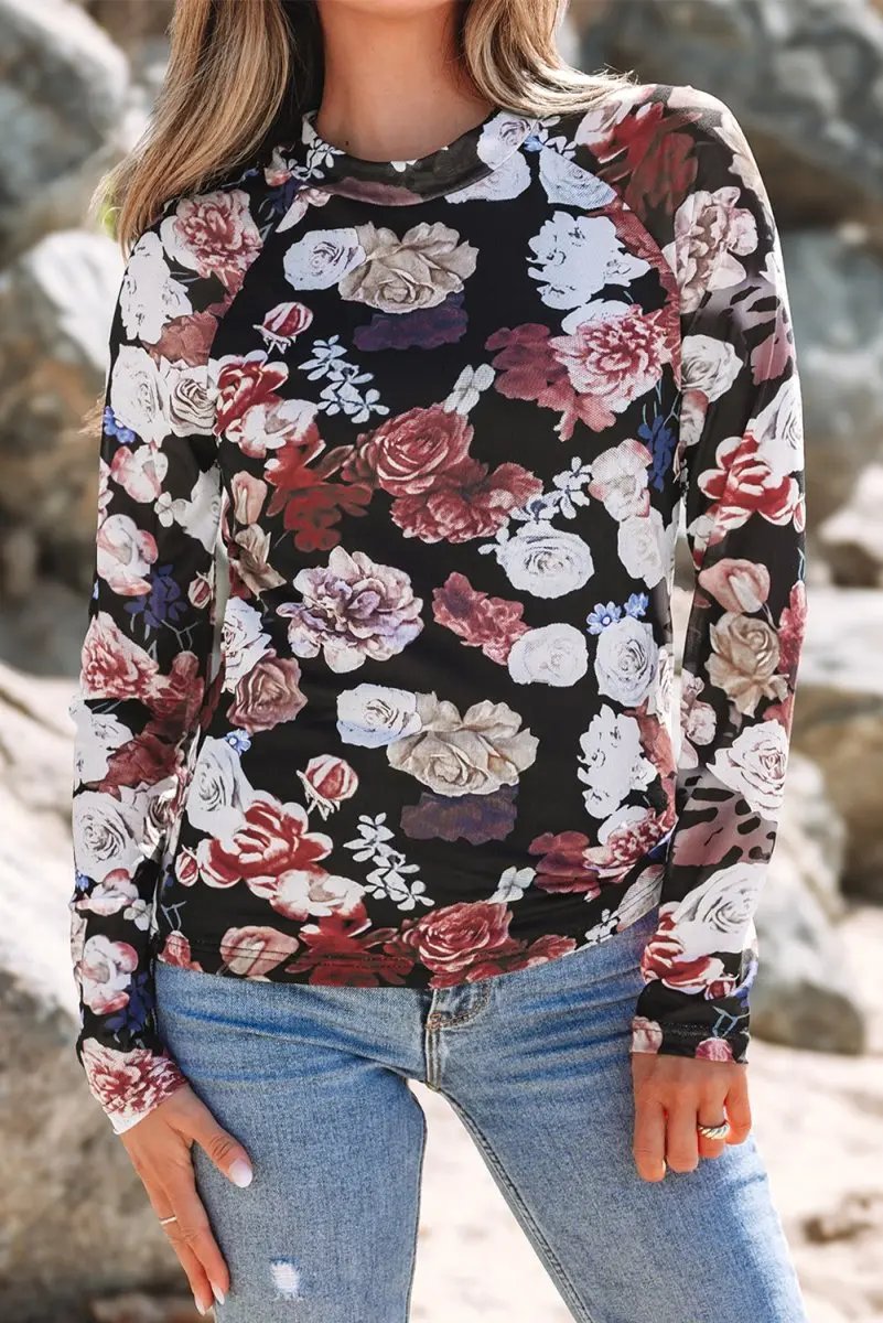 Love Salve Pink Floral Mesh Top Women's Spring Fashion Long Sleeve Sheer Tee