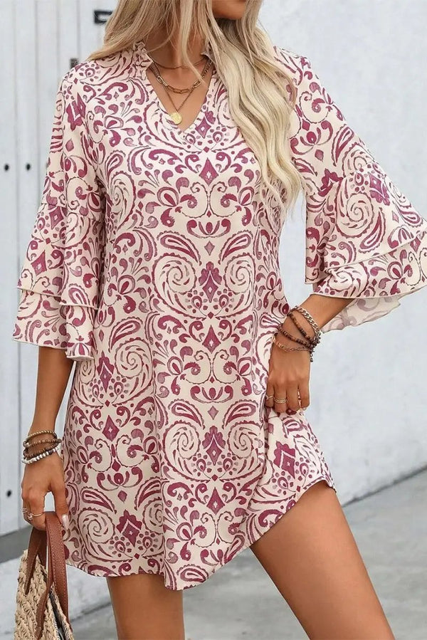 Mini Dress - Pink Paisley - A-Line Bohemian Vacation Style