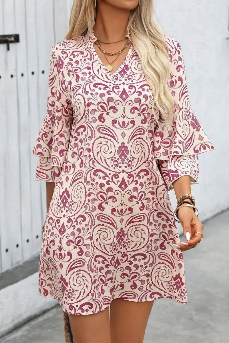 Mini Dress - Pink Paisley - A-Line Bohemian Vacation Style