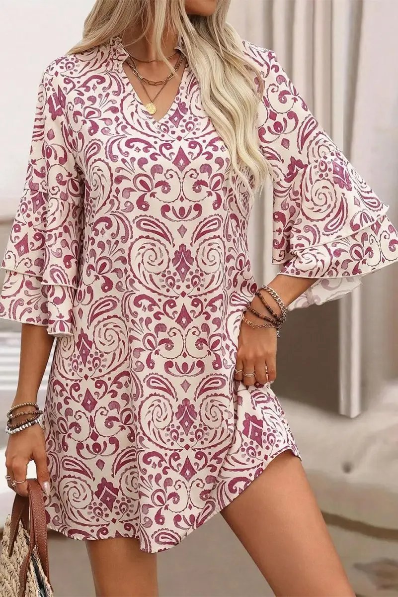 Mini Dress - Pink Paisley - A-Line Bohemian Vacation Style