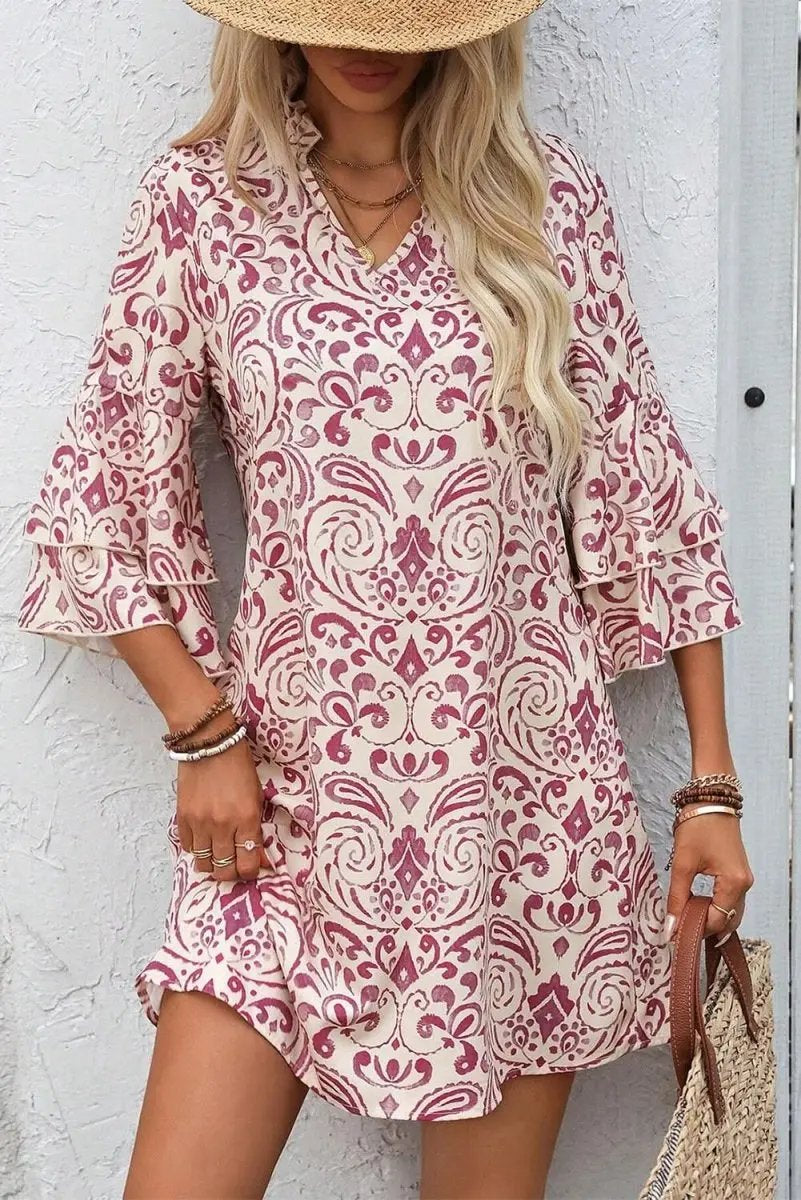 Mini Dress - Pink Paisley - A-Line Bohemian Vacation Style