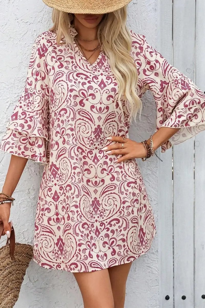 Mini Dress - Pink Paisley - A-Line Bohemian Vacation Style