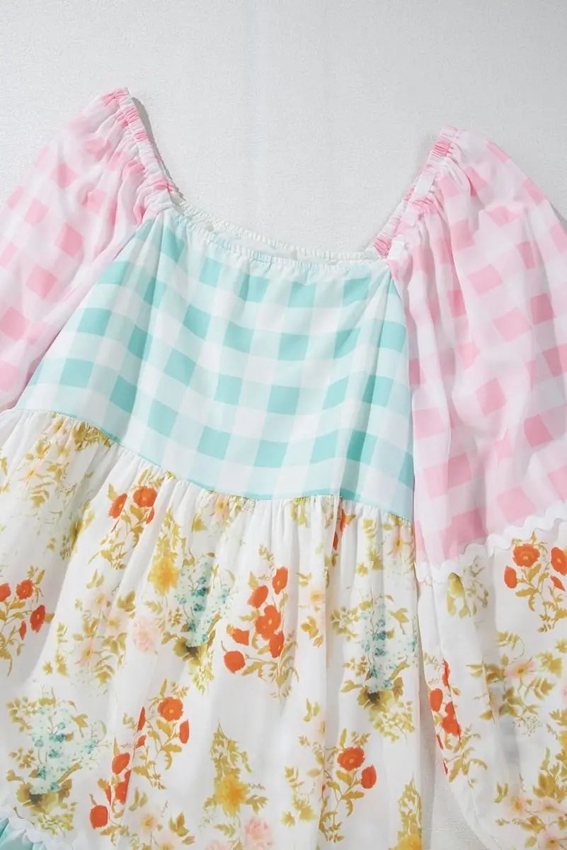 Love Salve Pink Plaid Floral Dress Women's Casual Mini Dress Cute Bubble Sleeves