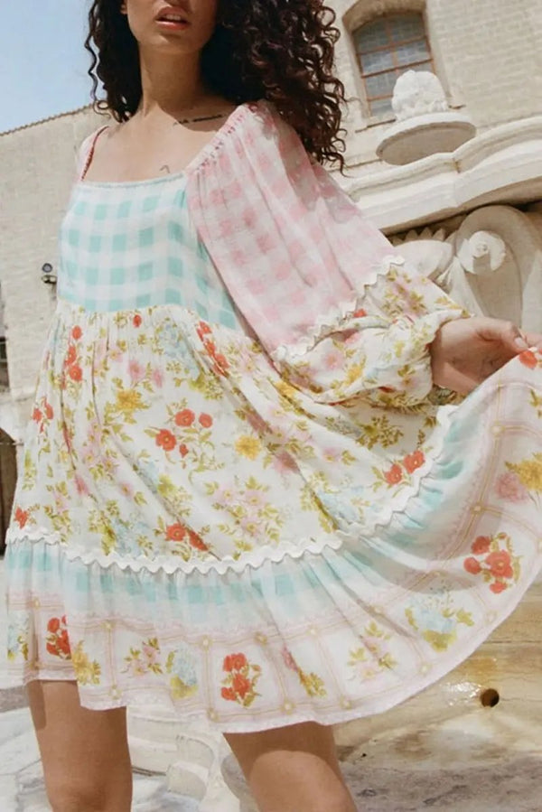 Love Salve Pink Plaid Floral Dress Women's Casual Mini Dress Cute Bubble Sleeves