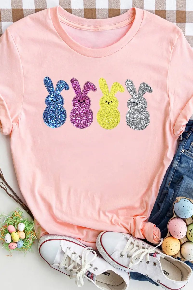 Love Salve Pink Sequin Bunny Easter Women's Fashion Tee Shirt - Cute & Spring Wardrobe