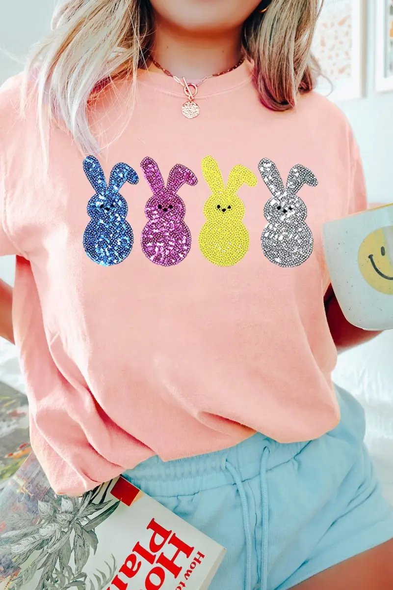 Love Salve Pink Sequin Bunny Easter Women's Fashion Tee Shirt - Cute & Spring Wardrobe