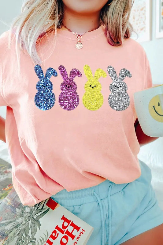 Love Salve Pink Sequin Bunny Easter Women's Fashion Tee Shirt - Cute & Spring Wardrobe