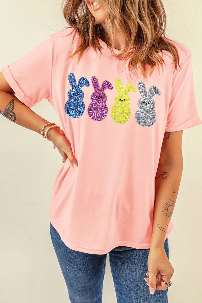 Love Salve Pink Sequin Bunny Easter Women's Fashion Tee Shirt - Cute & Spring Wardrobe
