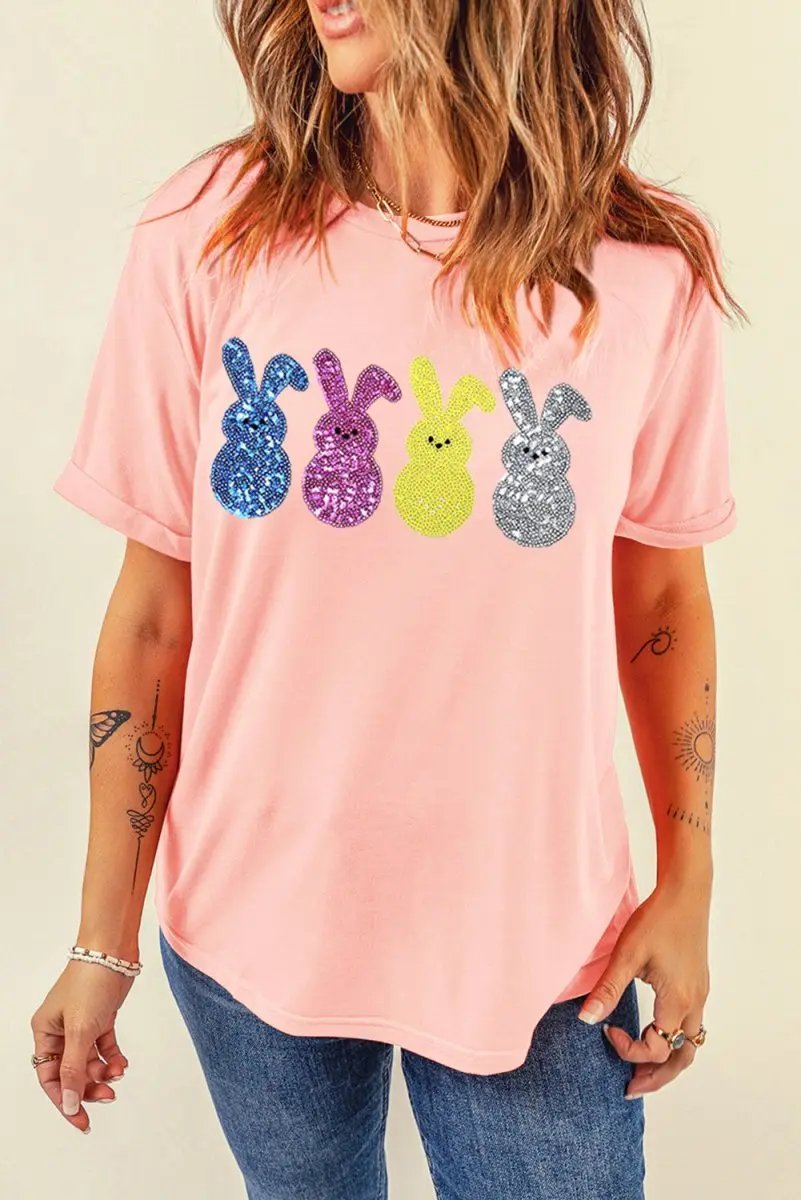 Love Salve Pink Sequin Bunny Easter Women's Fashion Tee Shirt - Cute & Spring Wardrobe