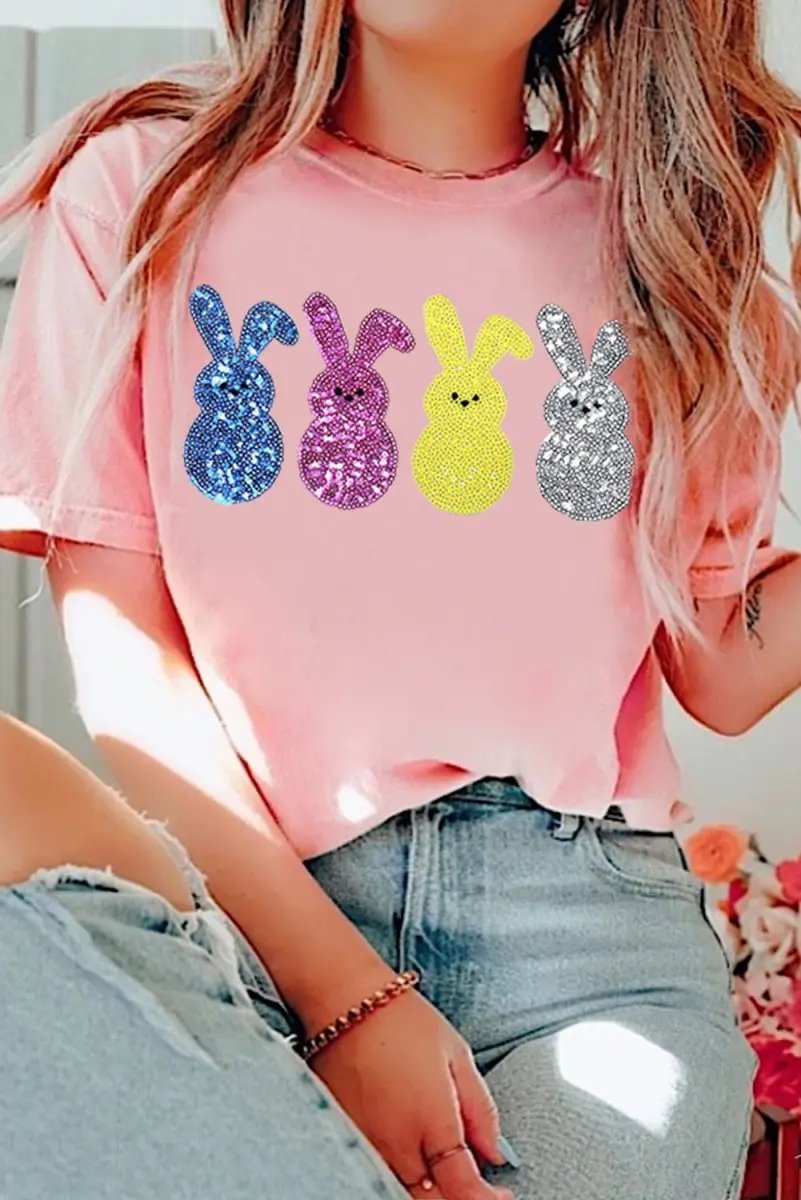 Love Salve Pink Sequin Bunny Easter Women's Fashion Tee Shirt - Cute & Spring Wardrobe