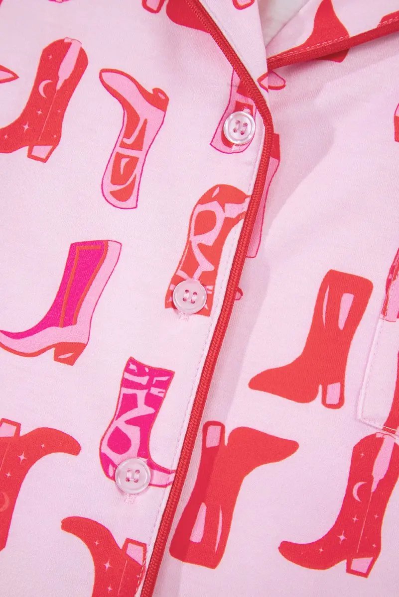 Love Salve Pink Cowgirl Print Set Women's Western Outfit Ruffled Shorts Shirt