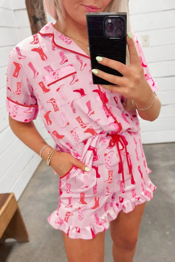 Love Salve Pink Cowgirl Print Set Women's Western Outfit Ruffled Shorts Shirt