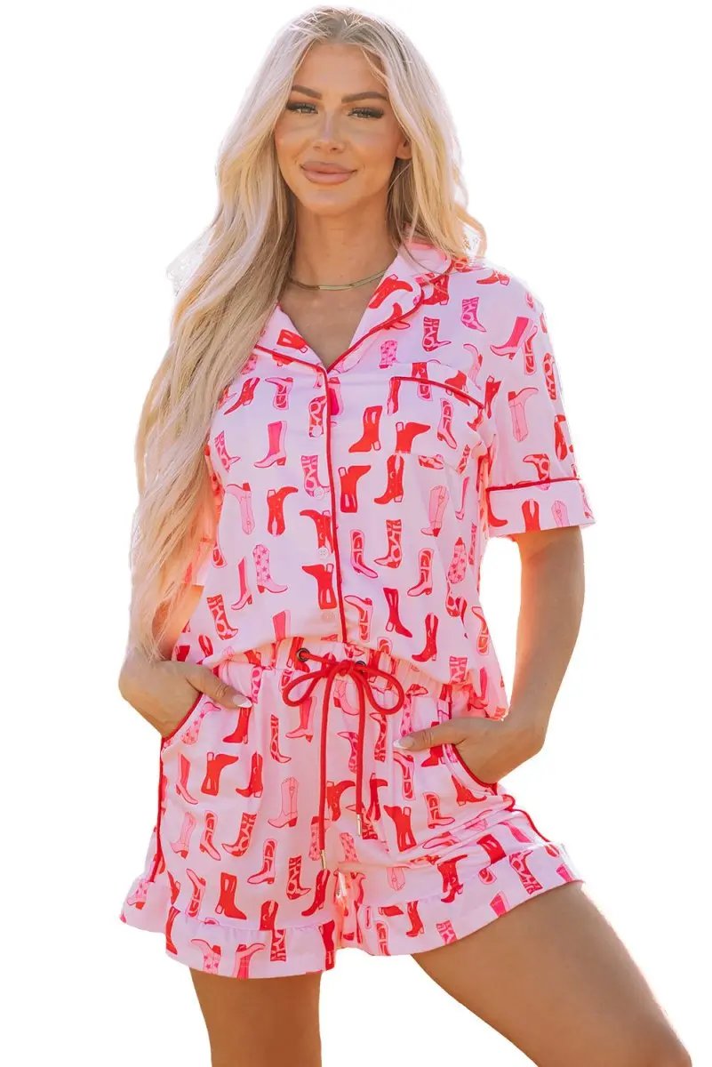 Love Salve Pink Cowgirl Print Set Women's Western Outfit Ruffled Shorts Shirt
