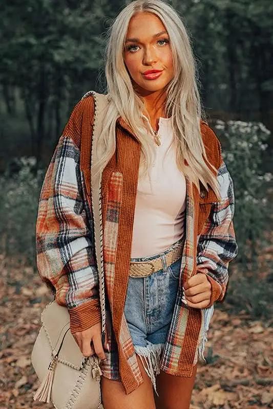 Shacket - Plaid Corduroy Pocketed - Women's Fall Layering