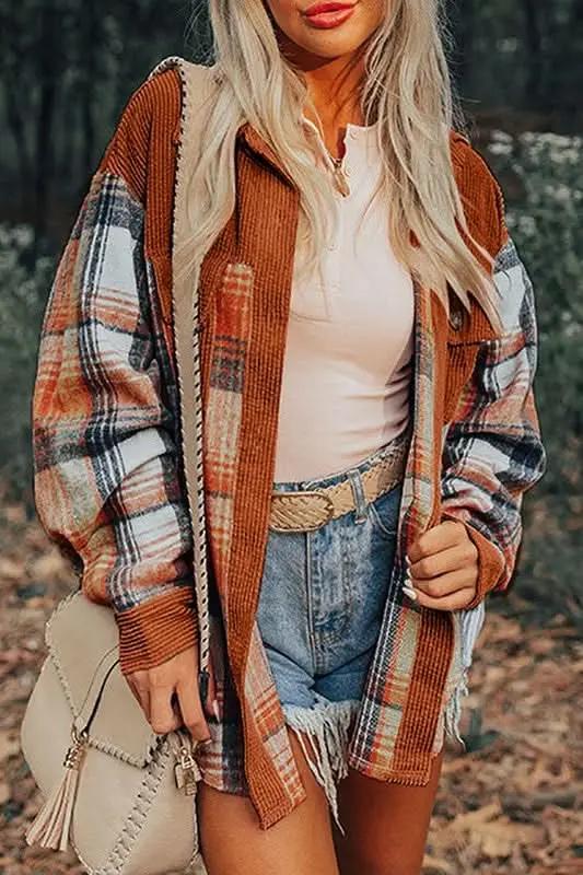 Shacket - Plaid Corduroy Pocketed - Women's Fall Layering
