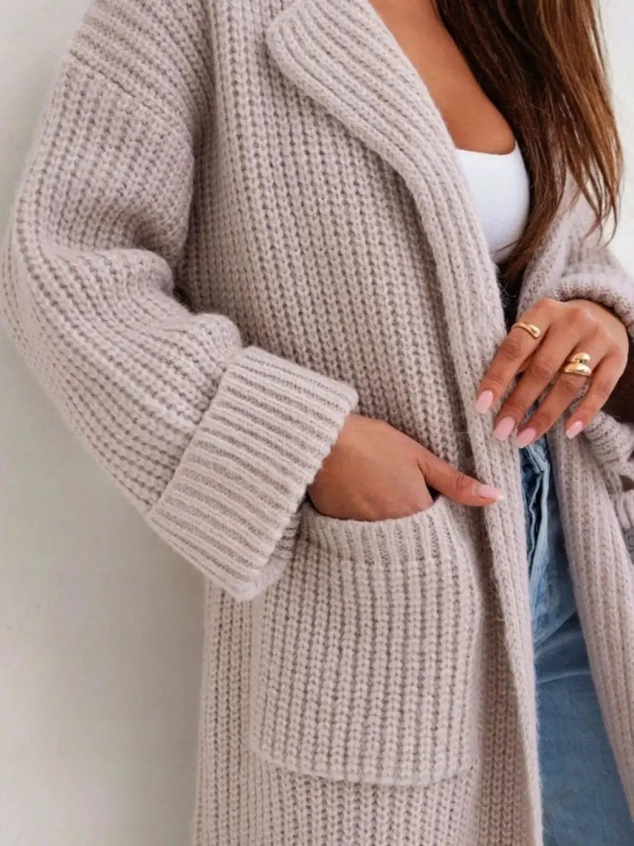 Trendsi Pocketed Cardigan Women's Cozy Collared Neck Knit Sweater - Dropped Shoulder