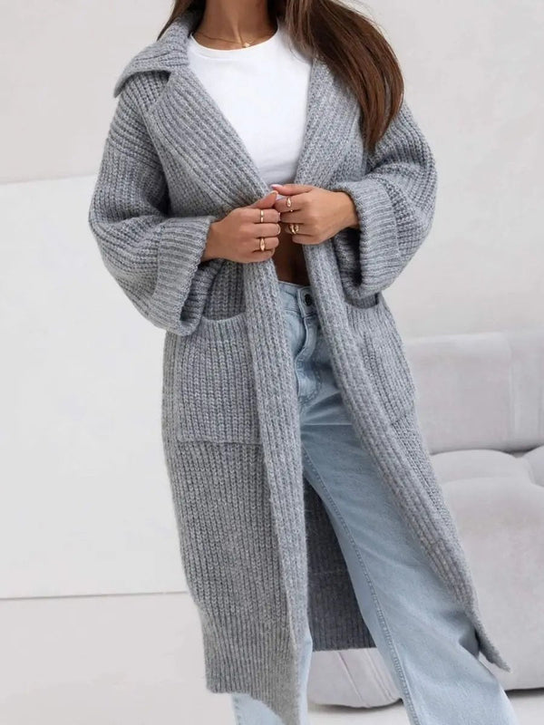 Trendsi Pocketed Cardigan Women's Cozy Collared Neck Knit Sweater - Dropped Shoulder