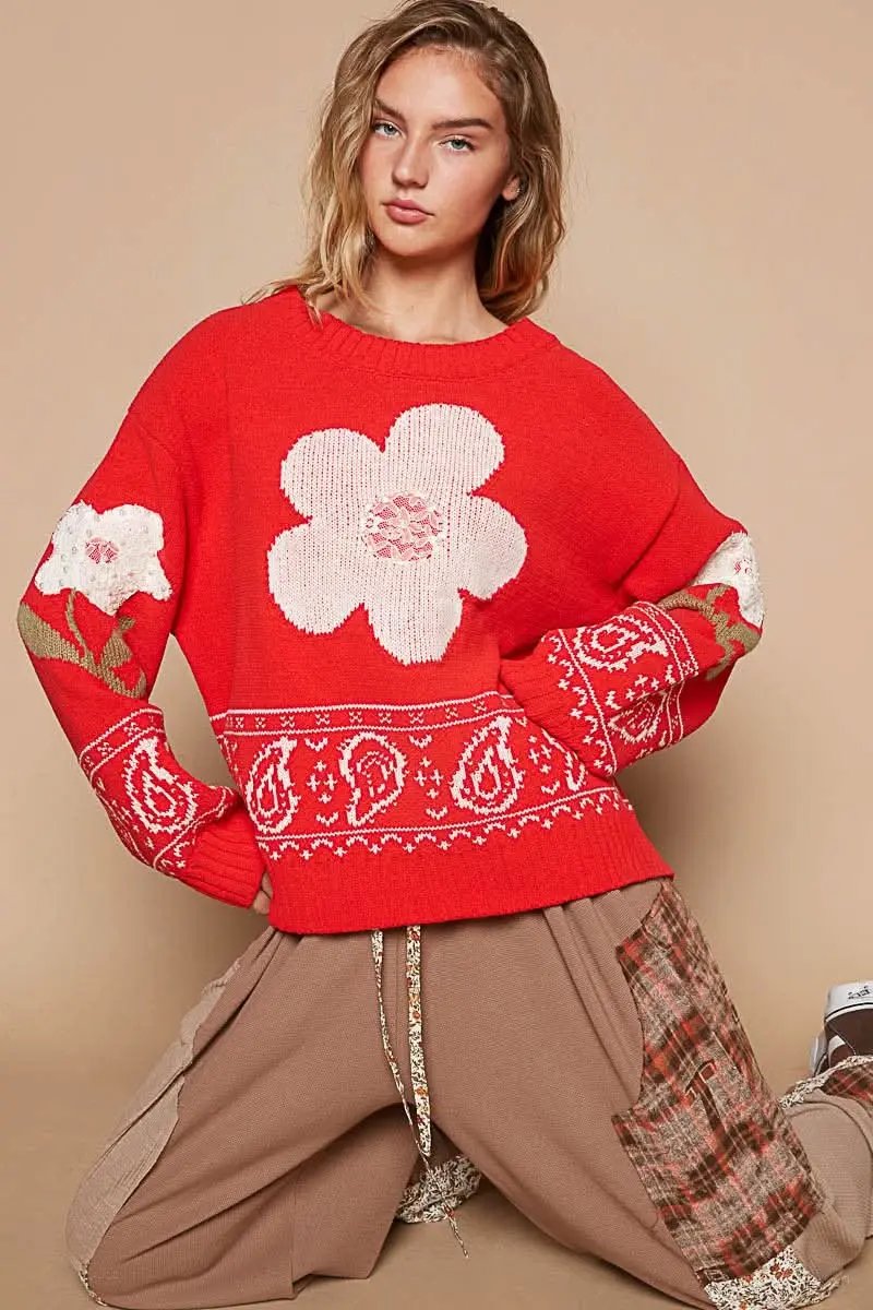 Trendsi Flower Lace Sweater Women's Long Sleeve Knit Top USA Ship