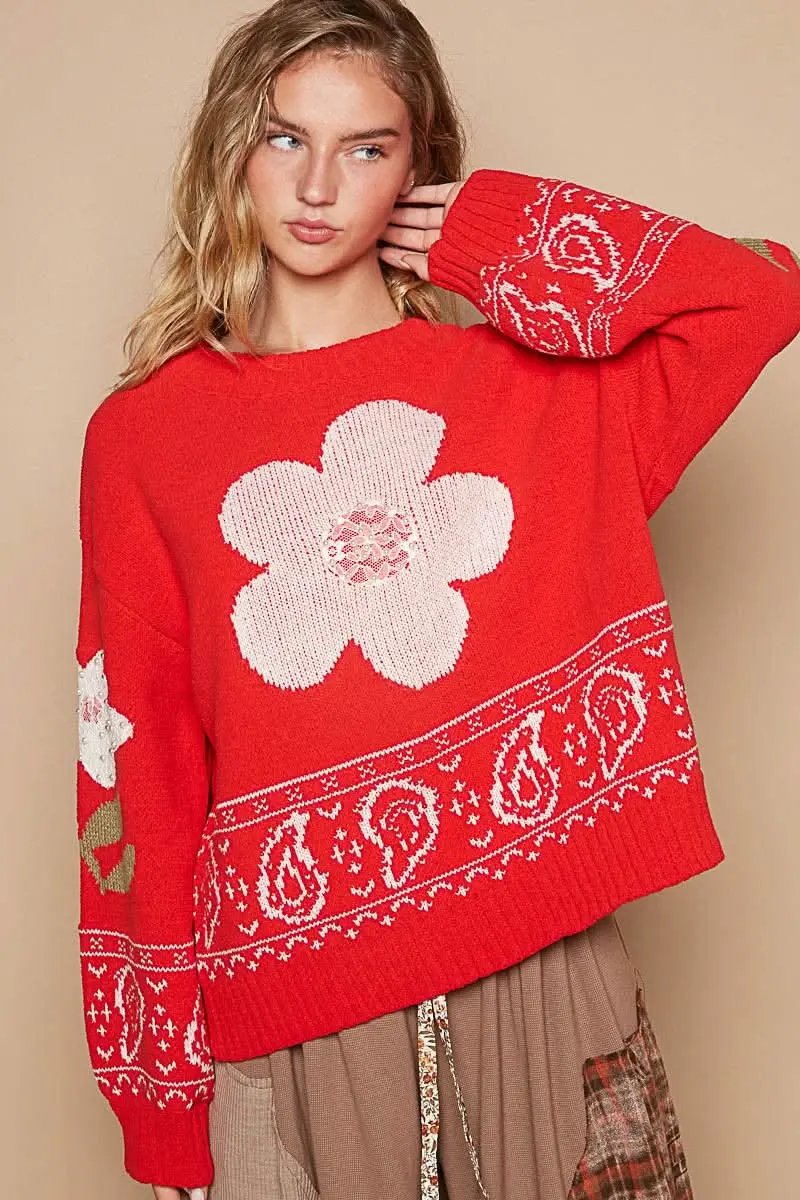 Trendsi Flower Lace Sweater Women's Long Sleeve Knit Top USA Ship