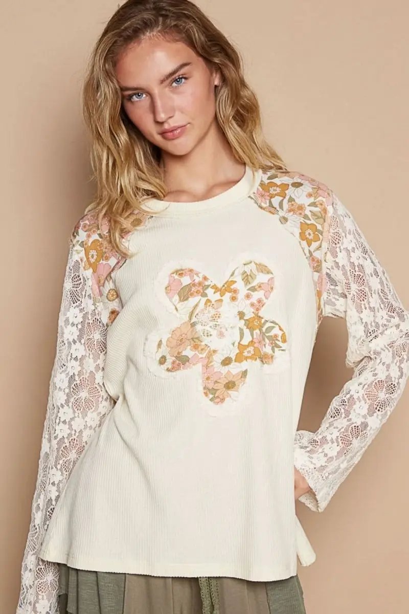 Women's Lace Sleeve Knit Top - Flower Patch - Casual Soft Sweater