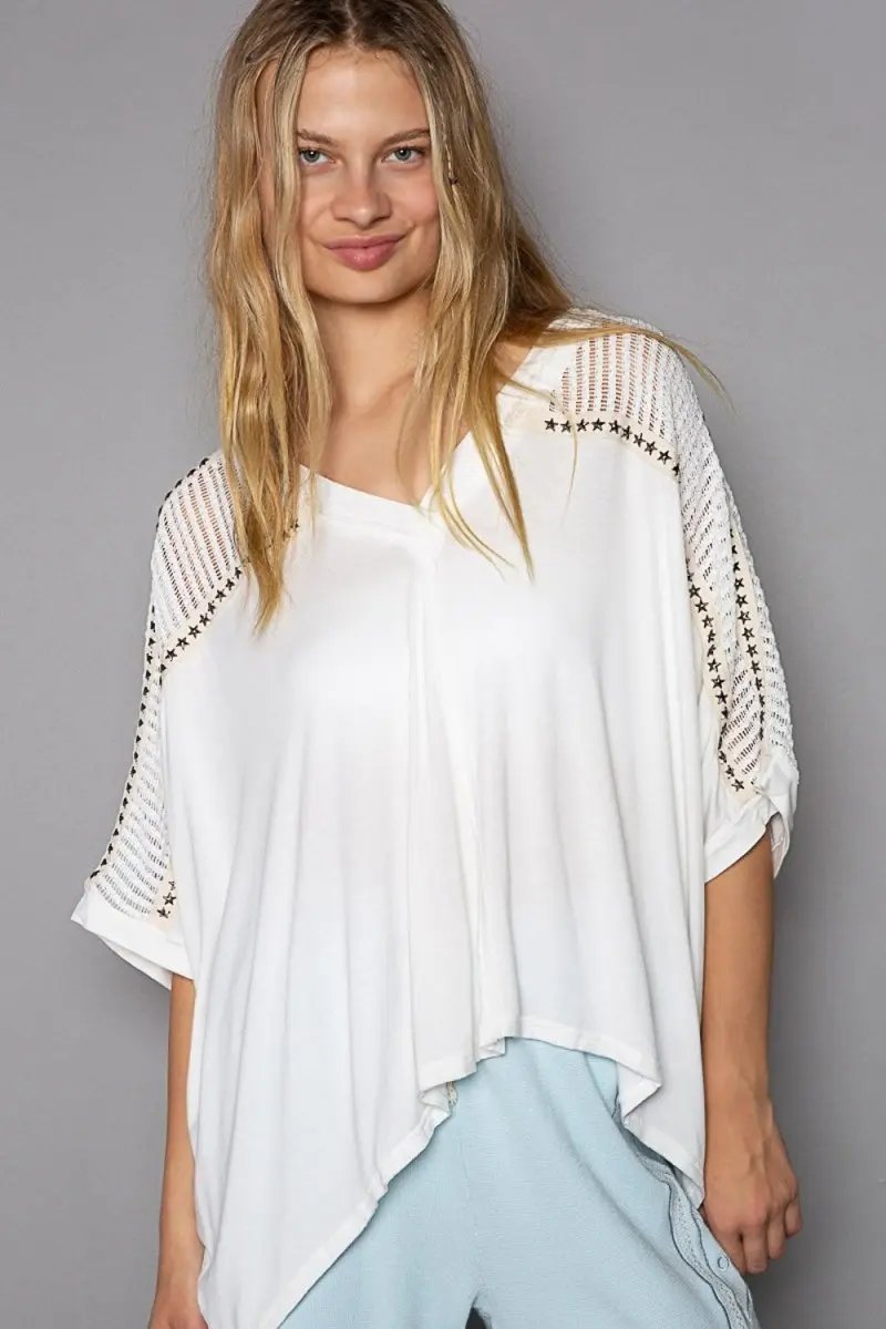 Trendsi Crochet Lace Top Women's V-Neck Studded Shirt USA Shipped