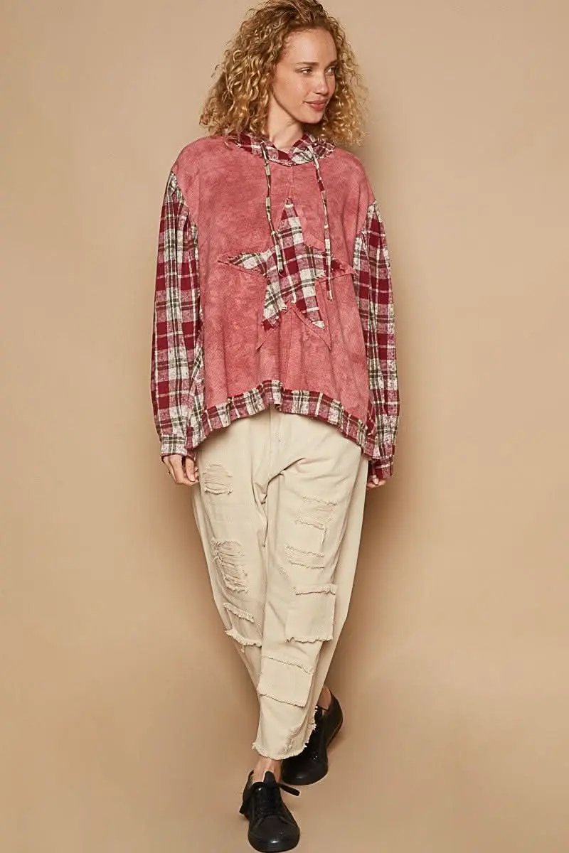 Plaid Hooded Top - Long Sleeve Casual - Women's Sweatshirt