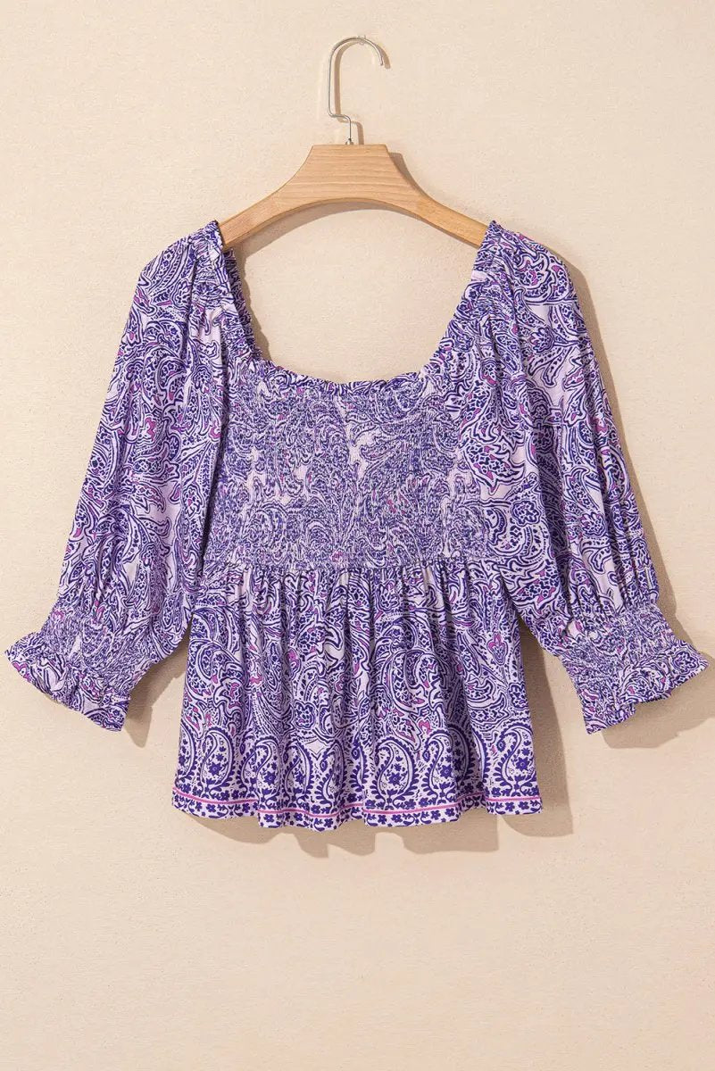 Love Salve Purple Paisley Blouse Women's Boho Summer Top - Flattering Peplum, Half Sleeve