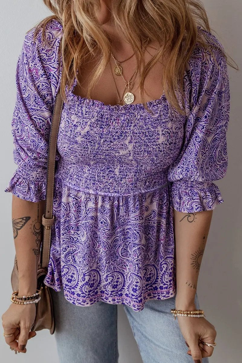 Love Salve Purple Paisley Blouse Women's Boho Summer Top - Flattering Peplum, Half Sleeve