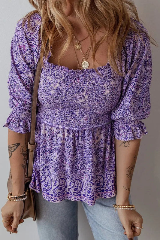 Love Salve Purple Paisley Blouse Women's Boho Summer Top - Flattering Peplum, Half Sleeve