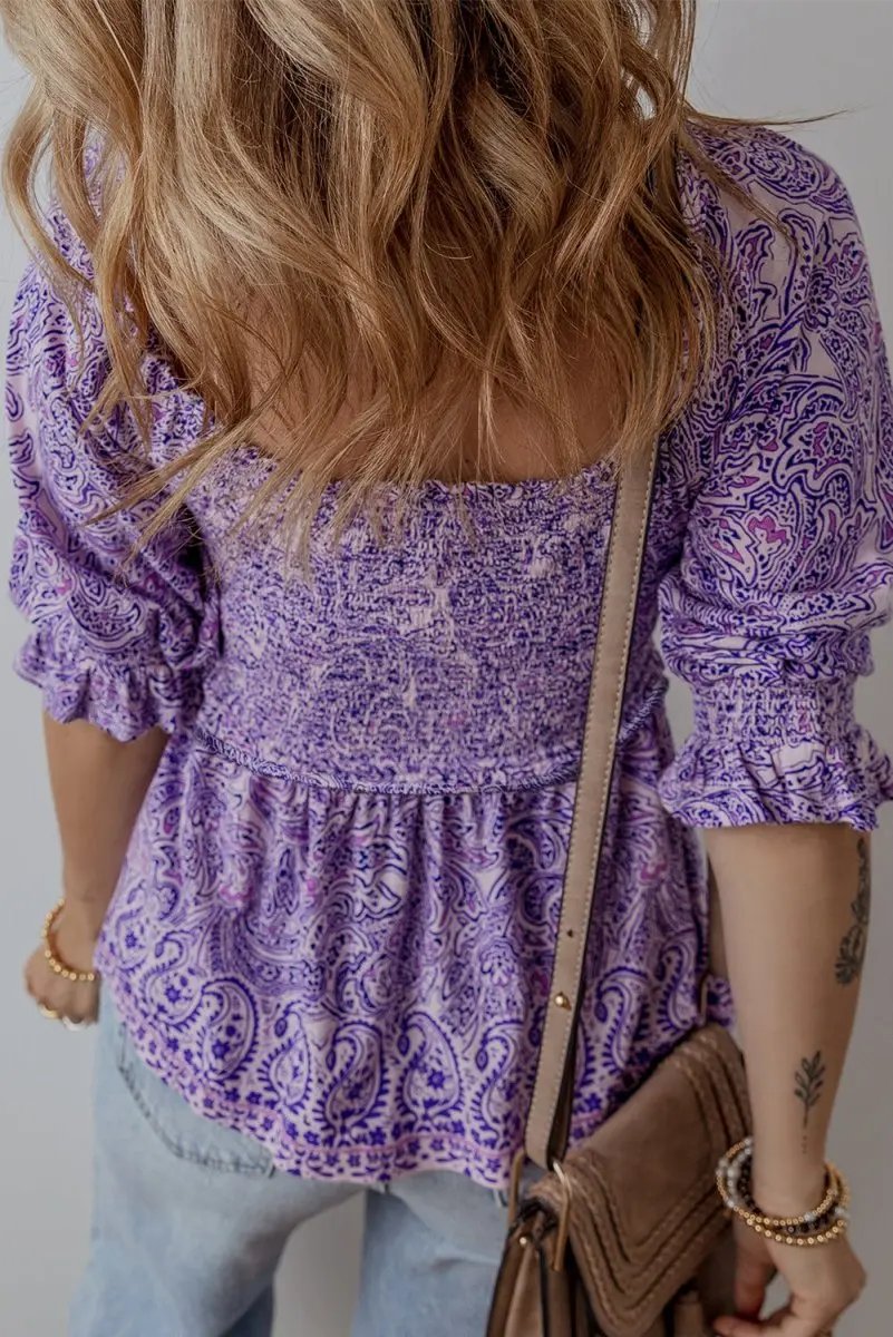 Love Salve Purple Paisley Blouse Women's Boho Summer Top - Flattering Peplum, Half Sleeve