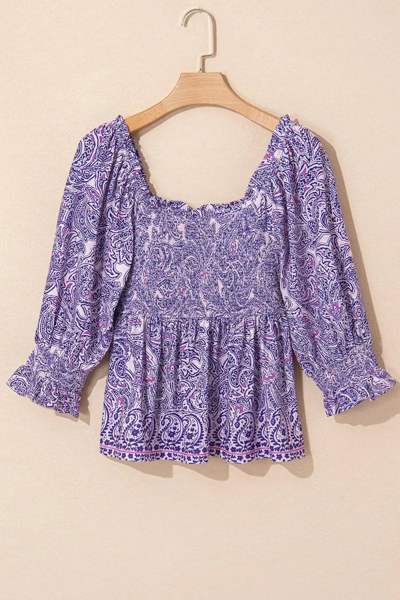 Love Salve Purple Paisley Blouse Women's Boho Summer Top - Flattering Peplum, Half Sleeve