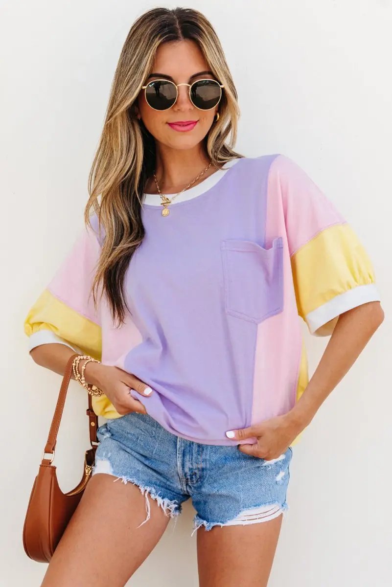 Love Salve Purple Patchwork Oversized Tee Women's Daily Half Sleeve T-Shirt | Comfy Southern Belle Style