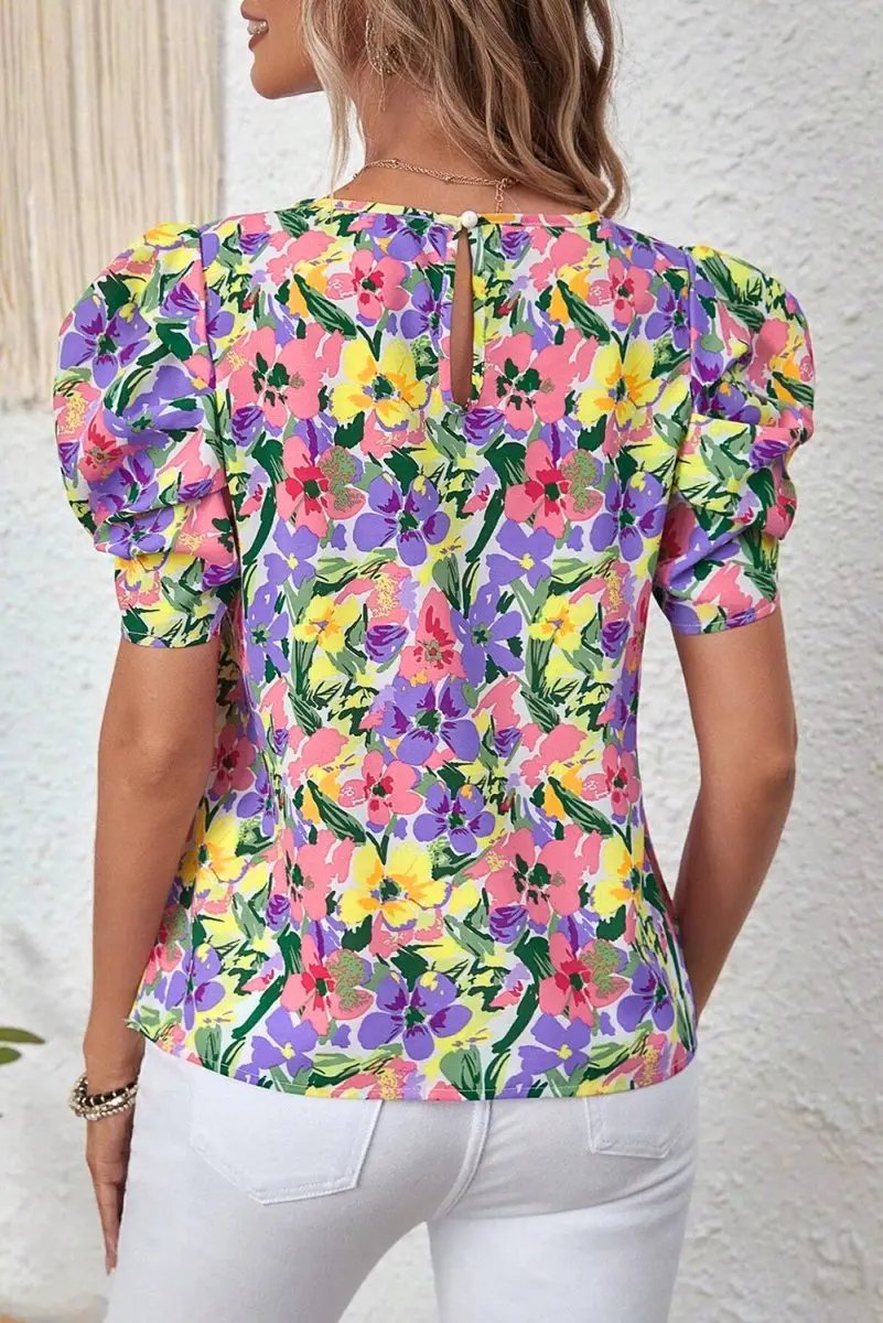 Women's Purple Floral Blouse - Puff Sleeve - Southern Belle Style