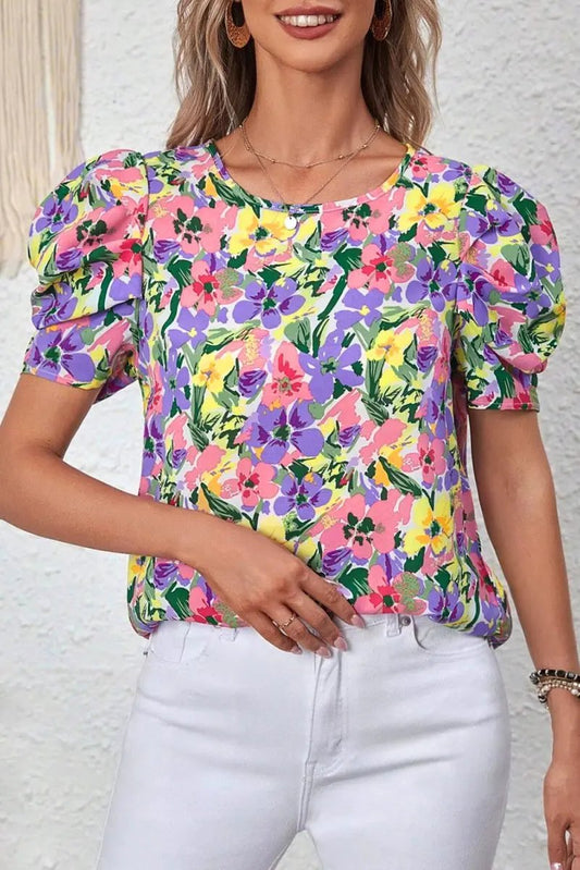 Women's Purple Floral Blouse - Puff Sleeve - Southern Belle Style