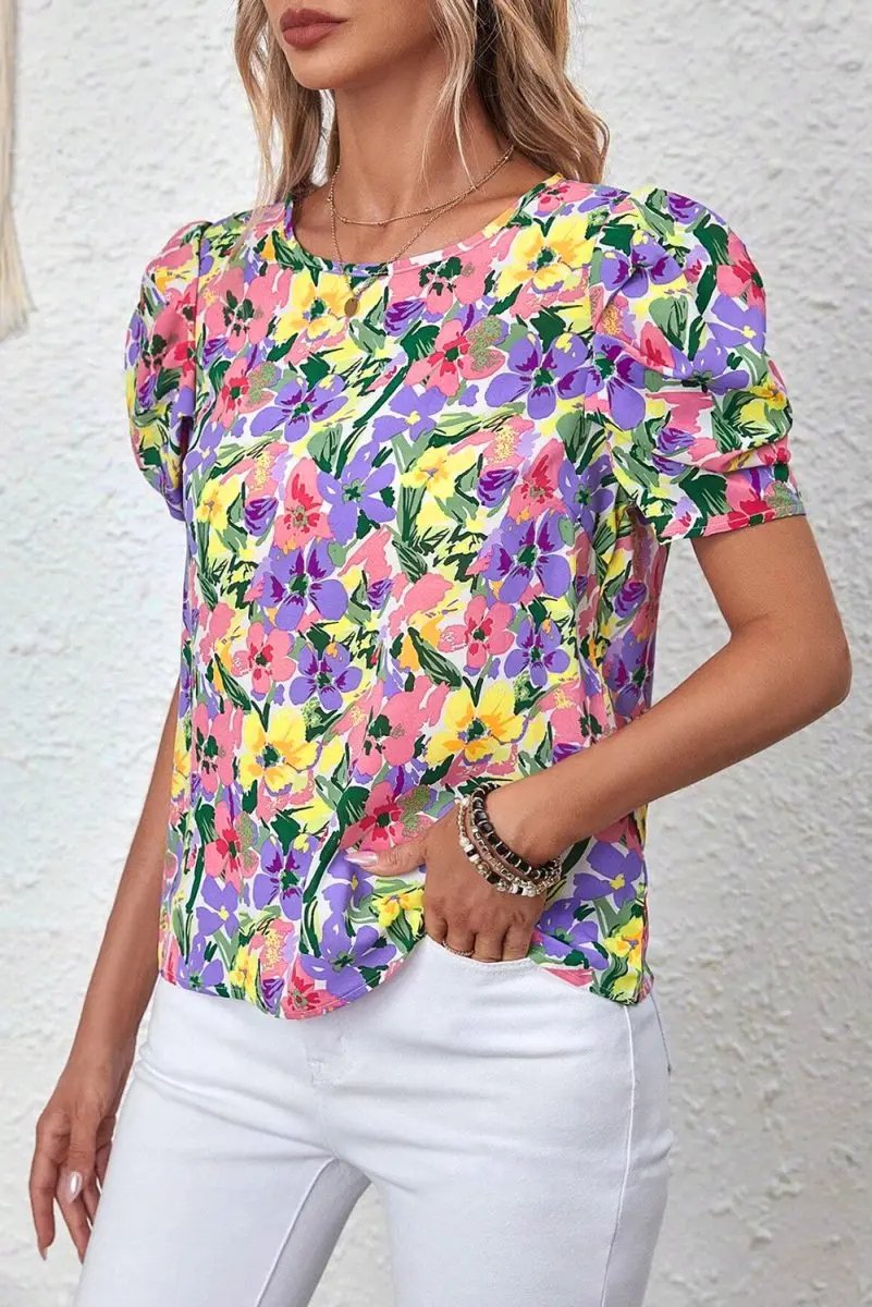Women's Purple Floral Blouse - Puff Sleeve - Southern Belle Style
