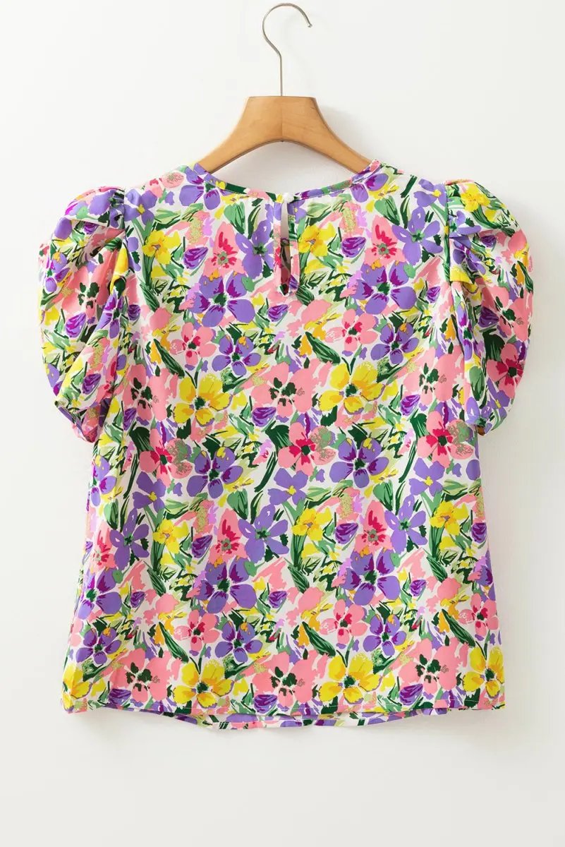 Women's Purple Floral Blouse - Puff Sleeve - Southern Belle Style