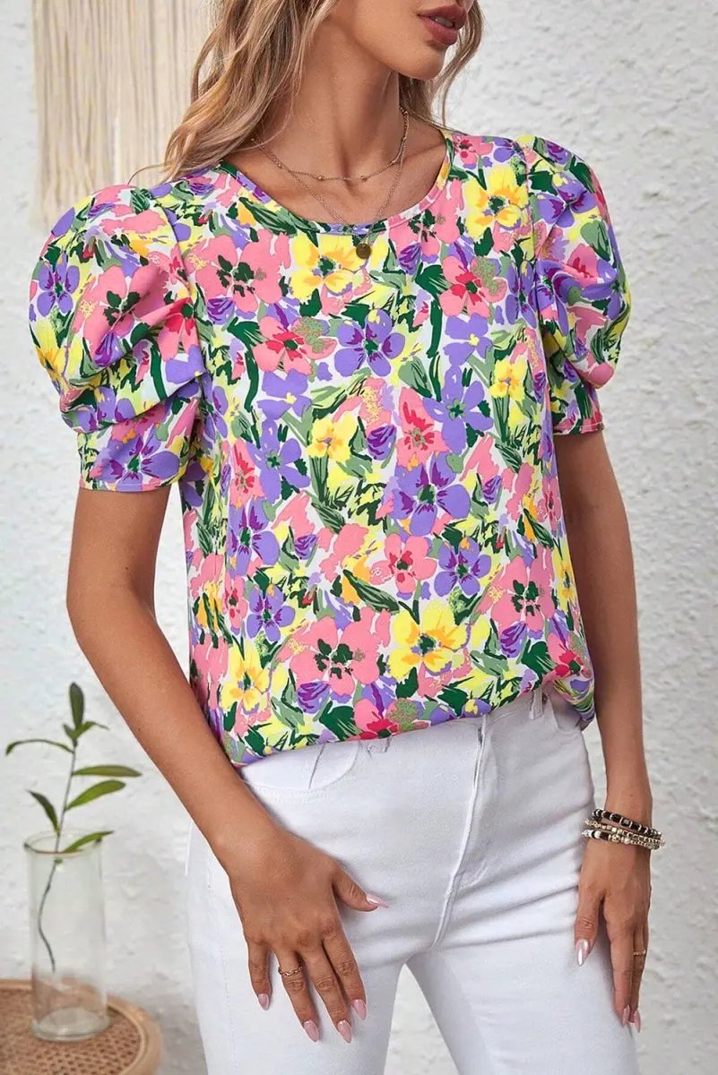 Women's Purple Floral Blouse - Puff Sleeve - Southern Belle Style