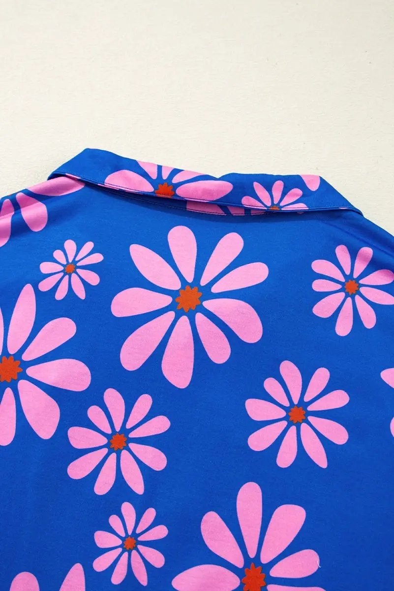 Mini Dress - Floral Quarter Zip - Summer Casual Drawstring Waist