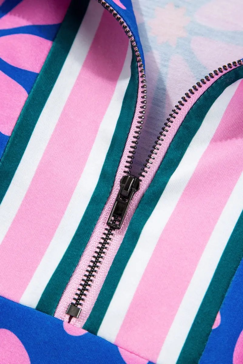 Mini Dress - Floral Quarter Zip - Summer Casual Drawstring Waist