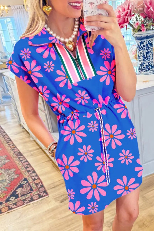 Mini Dress - Floral Quarter Zip - Summer Casual Drawstring Waist